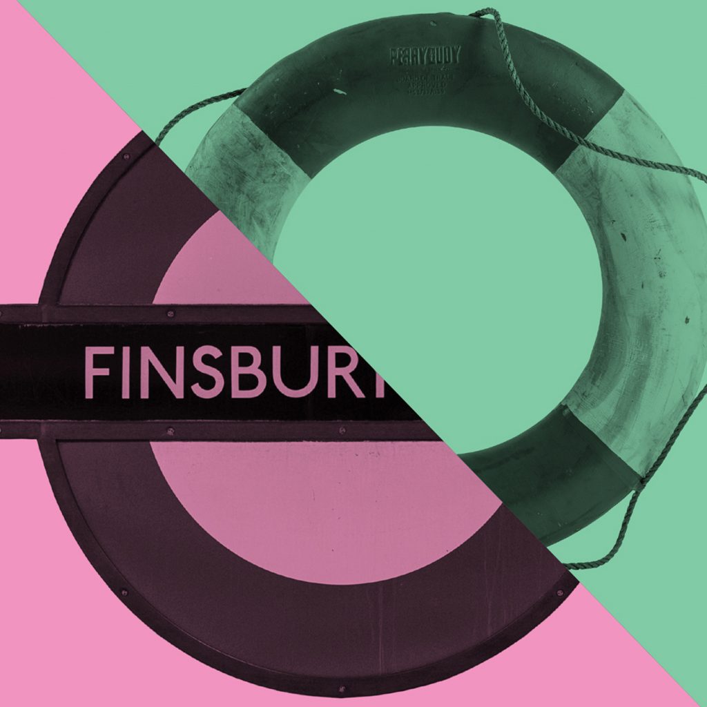 Graphic design with life saver rubber ring on the top half (green wash) and a Finsbury Park tube sign in the bottom half (pink wash). Separated by a diagonal line.