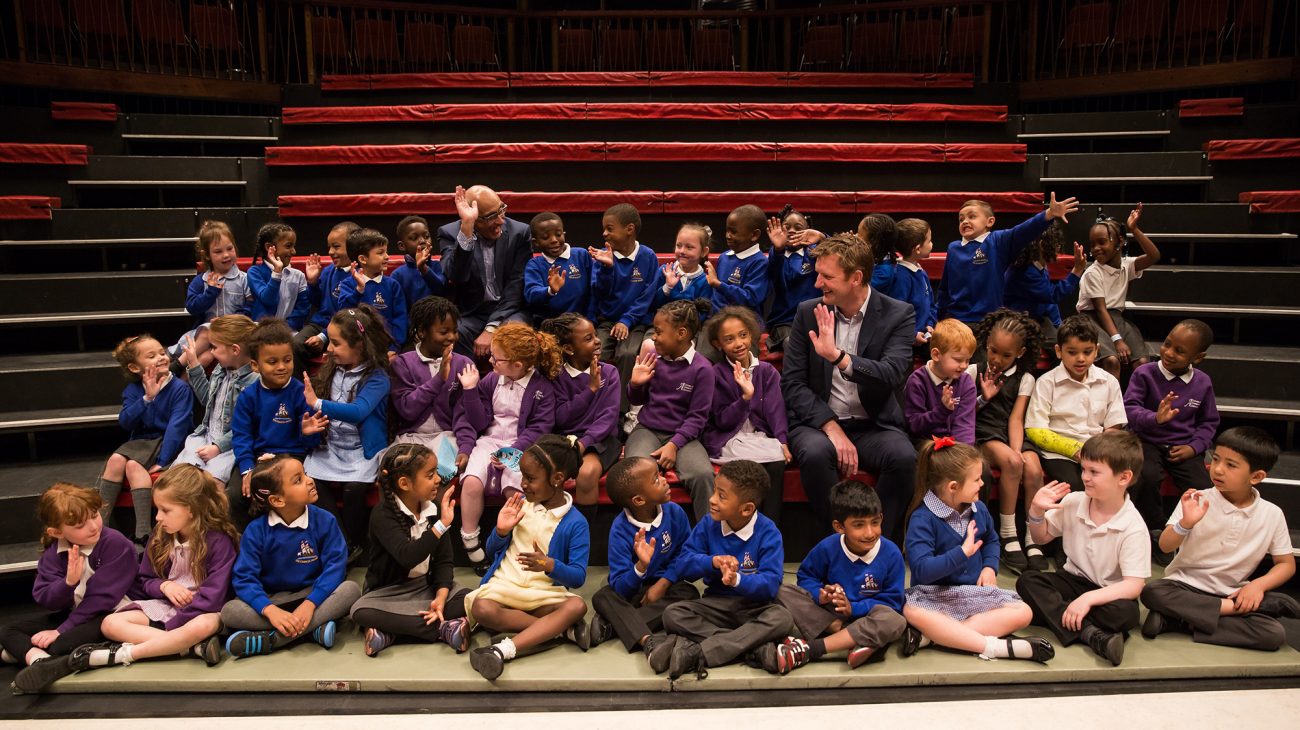 Sponsors from L&Q: Paul Nehra, Head of Successful Places and Gavin Rodgers, Assistant Director Neighbourhoods with children from Sir Francis Drake and Athelney primary schools at the Albany. Photo Roswitha Chesher.