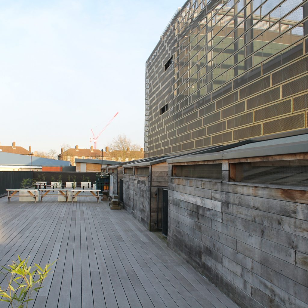 Outdoor, decked terrace area at Deptford Lounge.