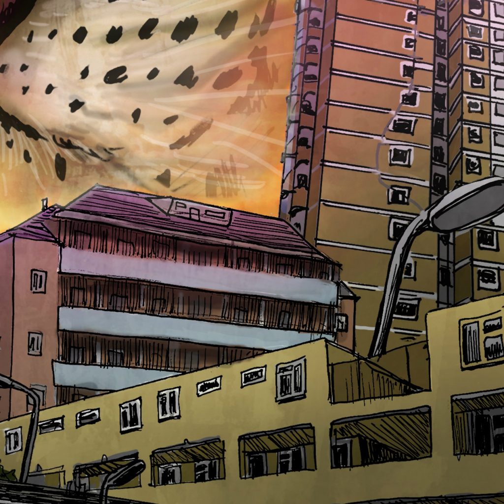 Drawing of lots of buildings crowded together - terraced houses, low and high-rise flats - with a leopards nose and snout visible in the top left corner. Faded orange, brown, yellow and pink in colour.