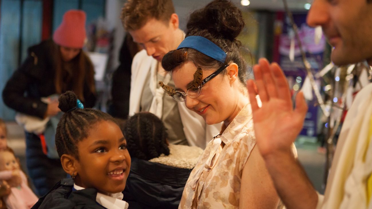 Children from Childeric School at the Albany meeting the cast of tutti frutti's 'The Ugly Duckling' as part of Every Child. Photo Chris Marchant