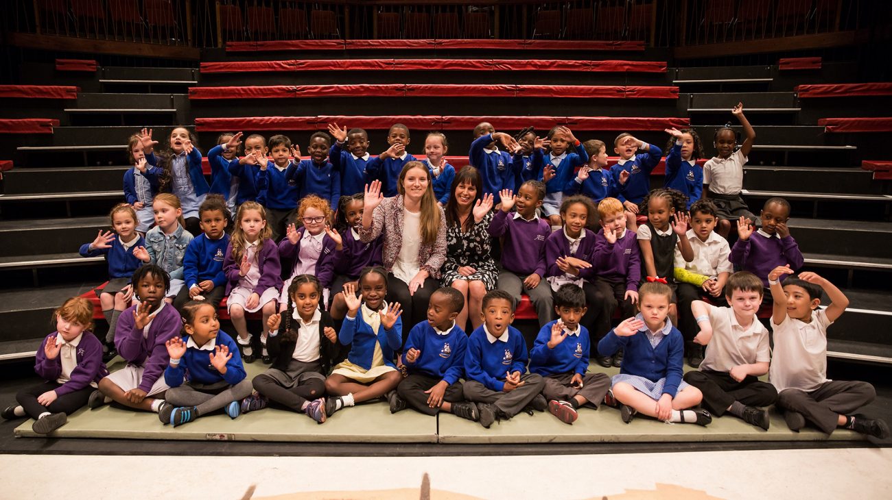 Sponsors from Anthology: Zoe Pittam, Marketing Coordinator & Amber Pointer, Head of Marketing, with children from Sir Francis Drake and Athelney primary schools. Photo Roswitha Chesher.