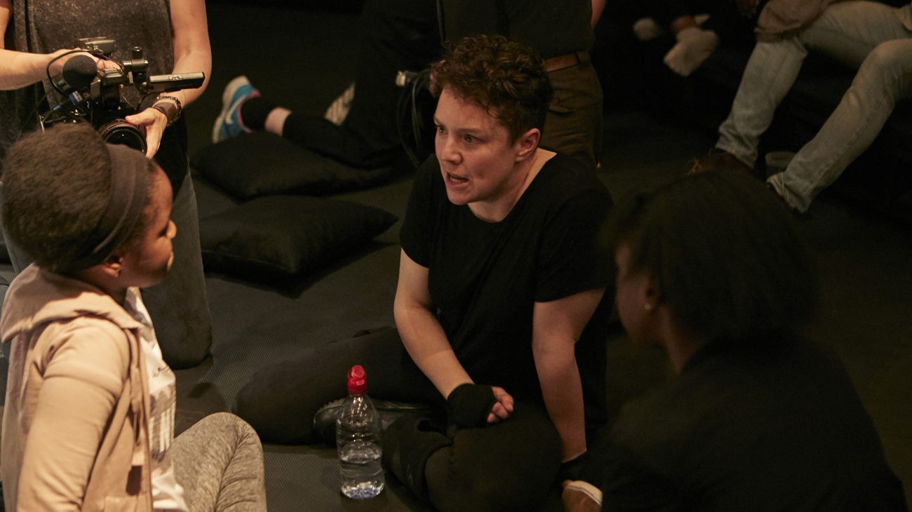 Jess Thom talking to her audience. Production Image, Not I. Photo by James Lyndsay.