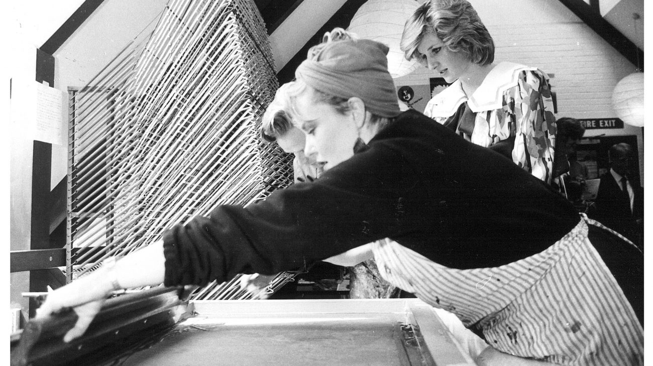 Princess Diana looking at the artists at work at the Albany, in an artist's studio.