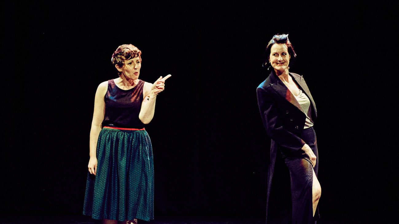 Story Jam's Alys Torrance and Lucy Lill on stage at Canada Water Theatre. Photo Mark Dawson.