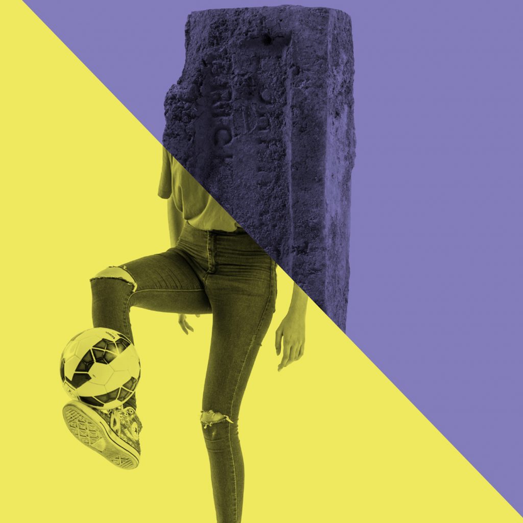 Graphic design with a brick on the top half (purple wash) and a person's legs in tight jeans with a football in the bottom half (yellow wash). Separated by a diagonal line.