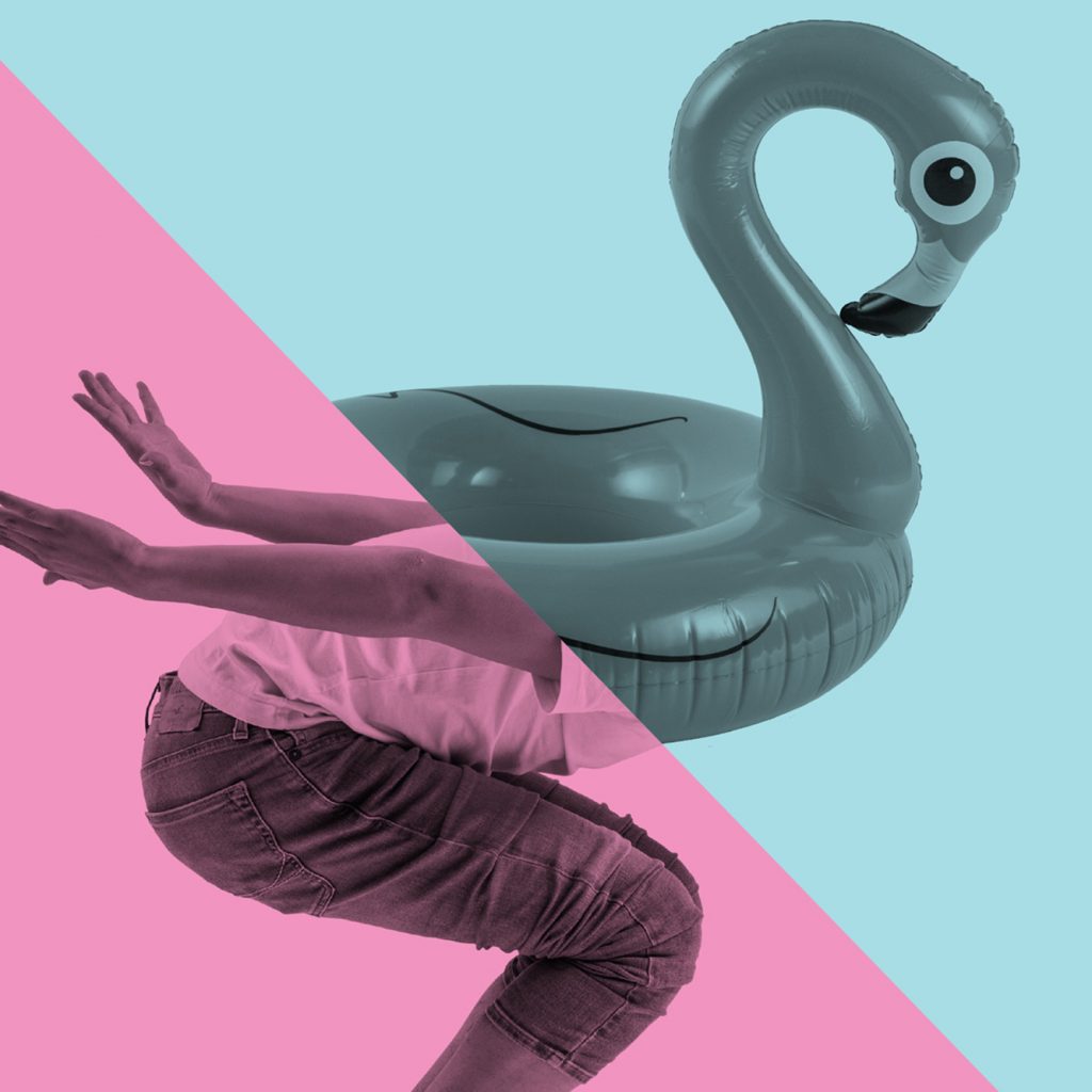 Graphic design with a blow-up flamingo (blue wash) in the top half and a person's legs, bent down, sideways on, in the bottom half (pink wash). Separated by a diagonal line.