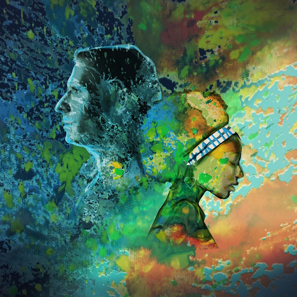 A blue and green background splashed with paint with the outline of a white man and a black woman.