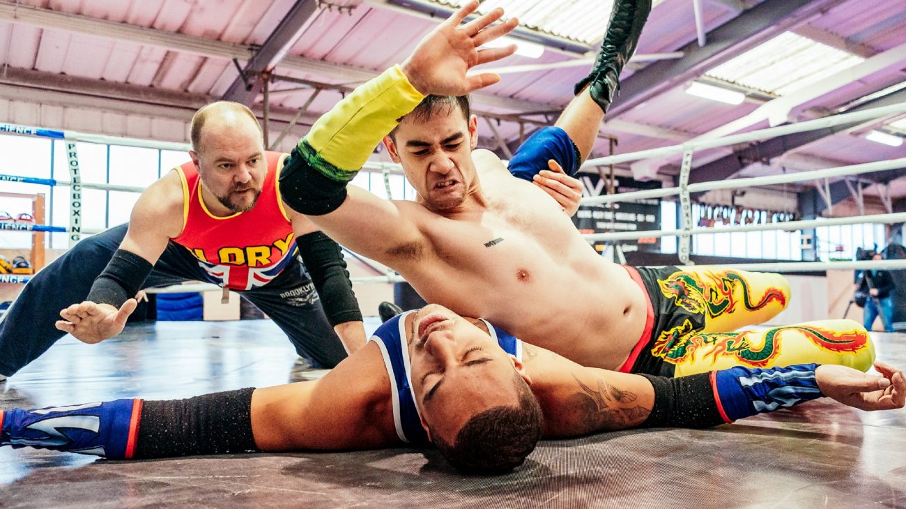 Background: Jamie Smelt (Jim Glory). Foreground, left to right: Joshua Lyster (Ben), Josh Hart (Dan). Photo Andrew Billington.