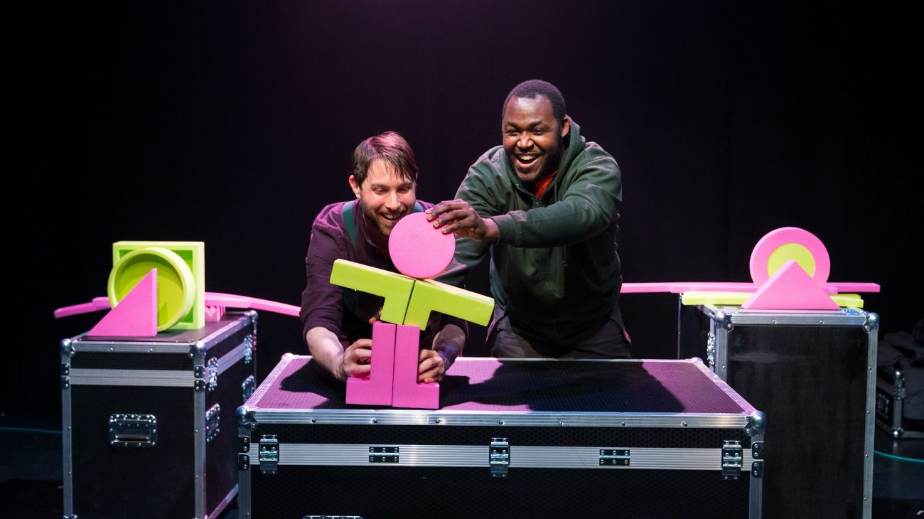 Production photograph from BIG UP! Left to right: Iestyn Evans & Clarke Edwards. Photo Helen Murray.