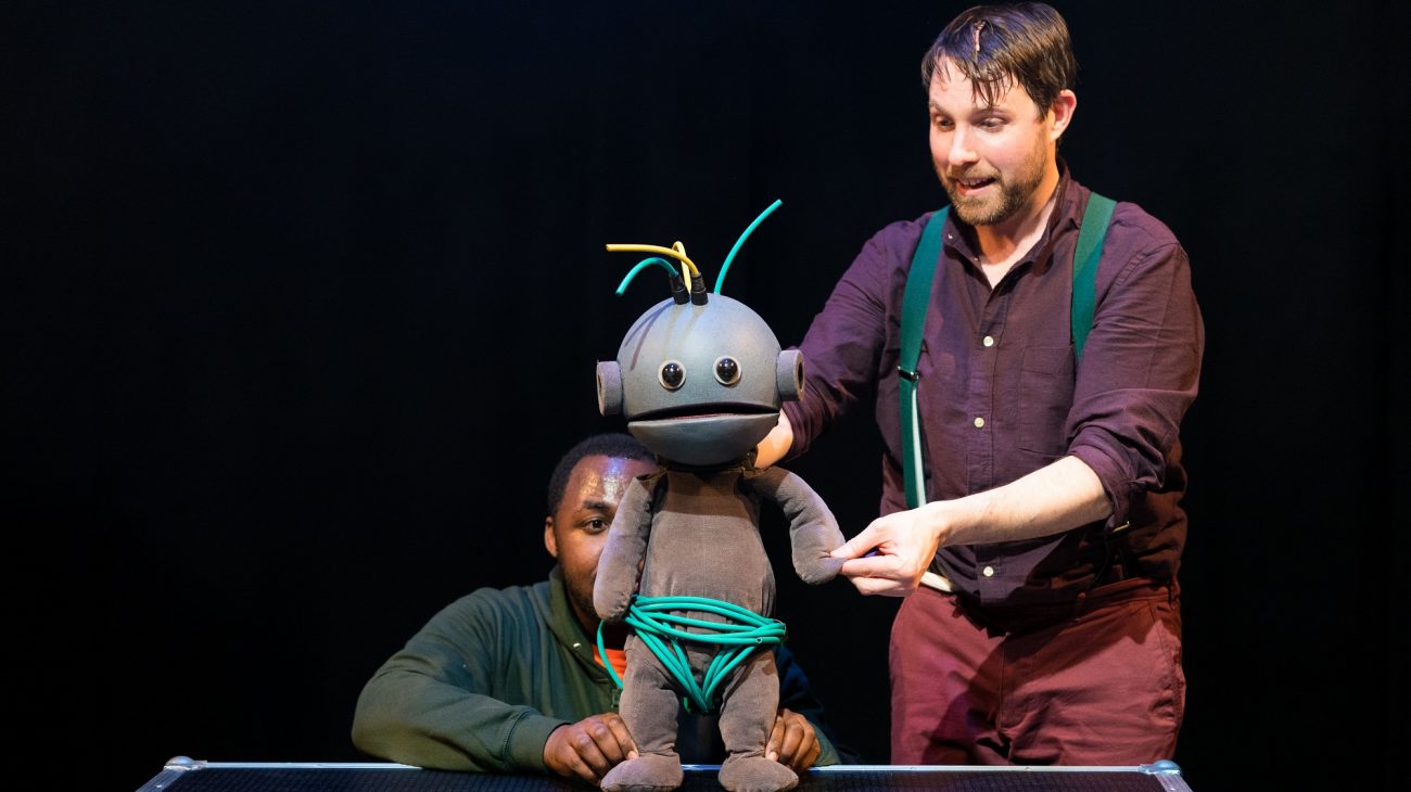 Production photograph from BIG UP! Left to right: Clarke Edwards & Iestyn Evans. Photo Helen Murray.