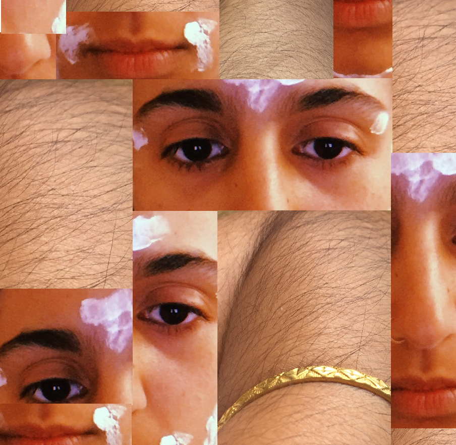 A collage of images featuring arm hair, eyes, top lip and a bangle.