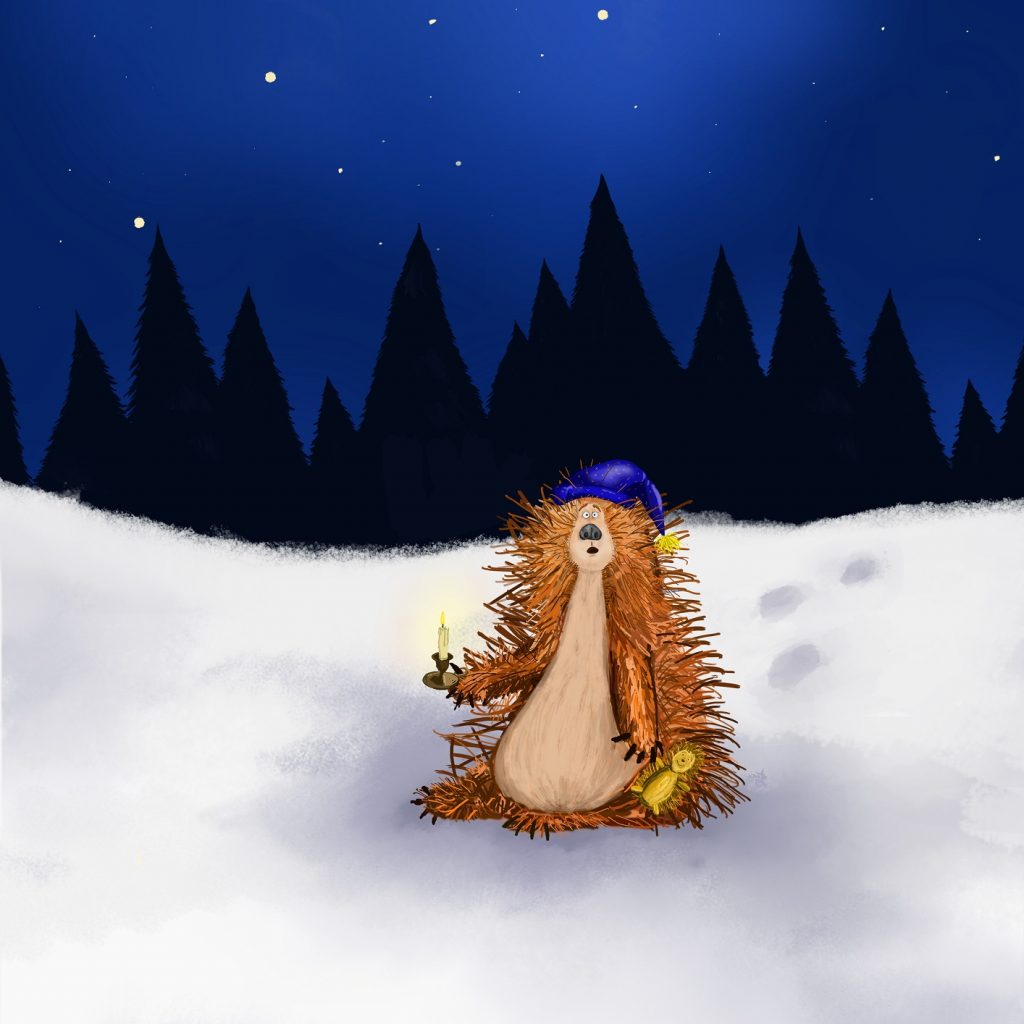 Cartoon hedgehog sitting in the snow against a night sky