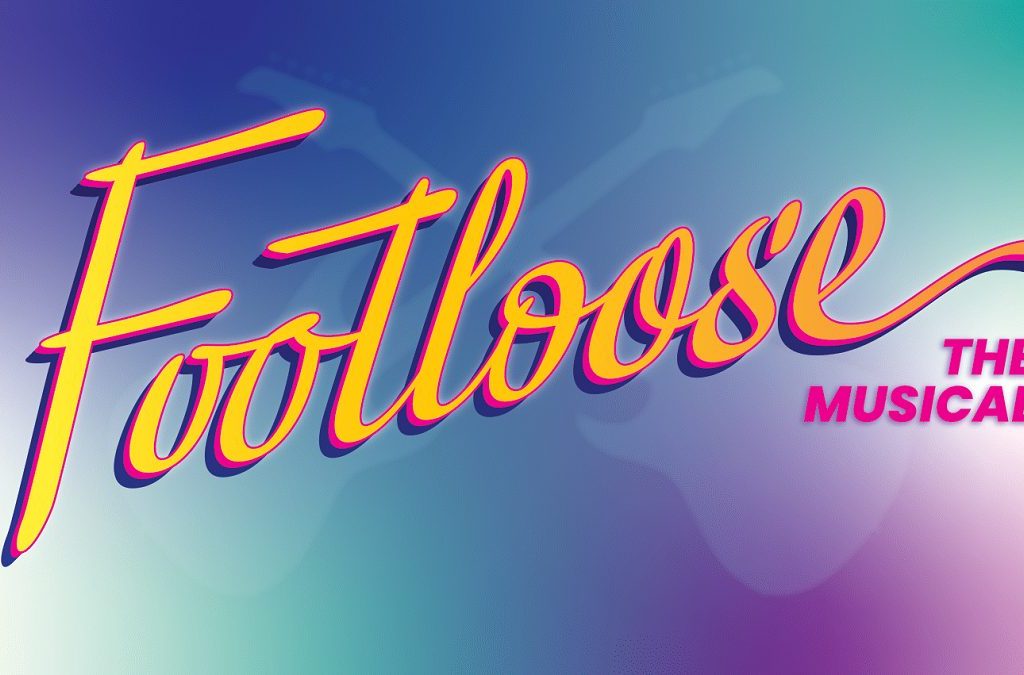 Image of writing 'footloose' in yellow in front of a colourful background