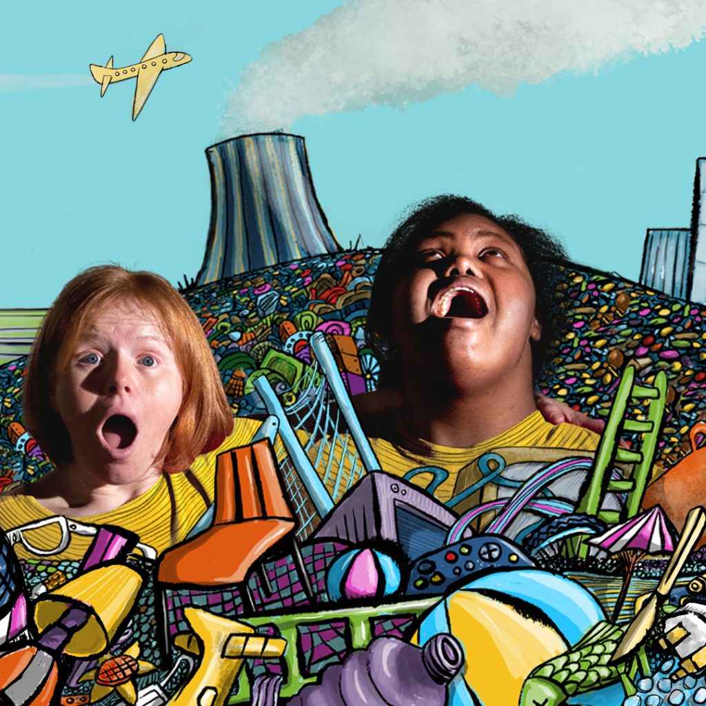 Two people pull shocked faces in a frame of cartoons drawings of a pile of objects creating a landfill. An aeroplane is in the sky, and buildings are on the skyline.