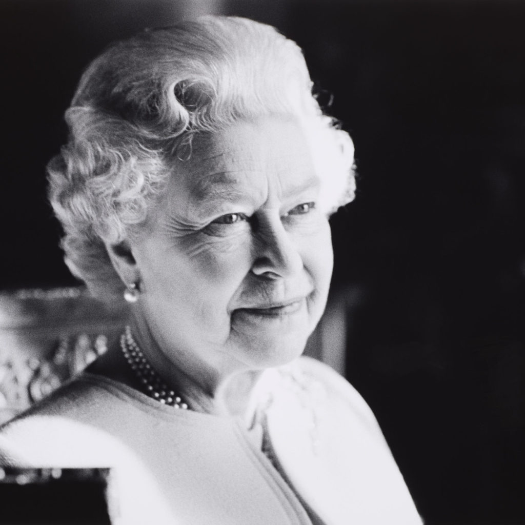 Black and white photo of Queen Elizabetth II.