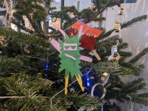 A monster decoration on the Albany Christmas tree in the cafe, made from upcycled felt.