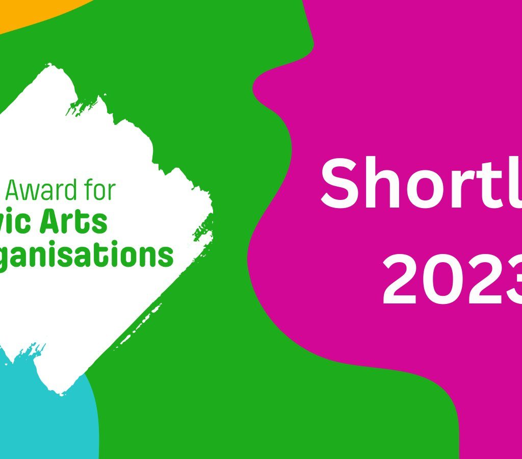 The Award for Civic Arts Organisations. Shortlist 2023. The background is a patchwork of irregular shapes in bright yellow, green, light blue and hot pink.