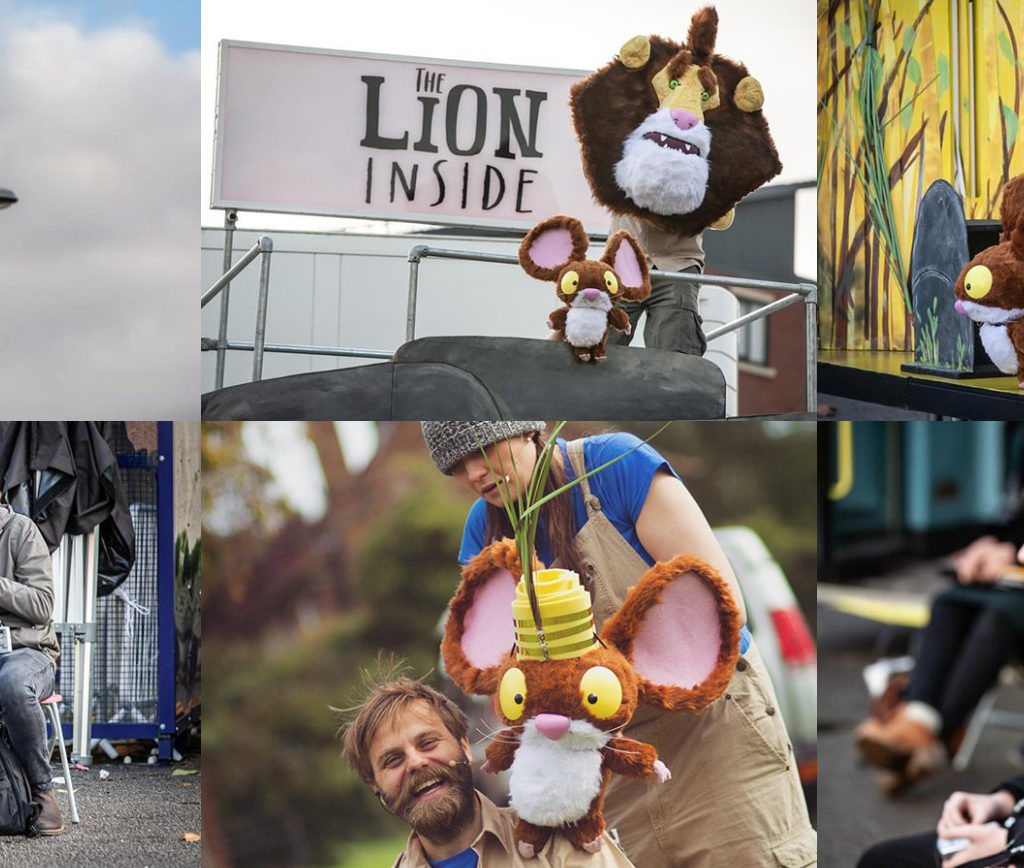 A montage of pictures of LAStheatre performing The Lion Inside using puppets and also of audience members with headphones on